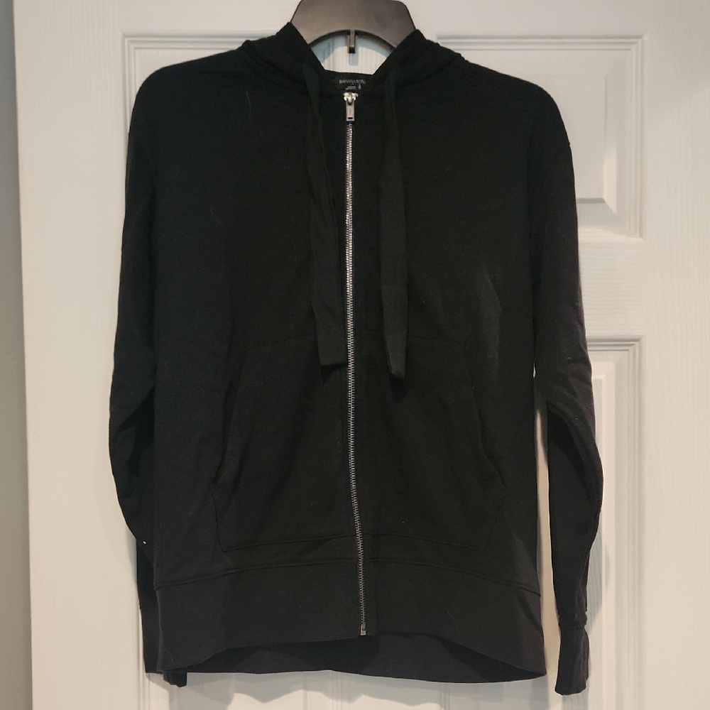 Black Zip-Up Hoodie With Ribbon Tie Strings Size Small Banana Republic